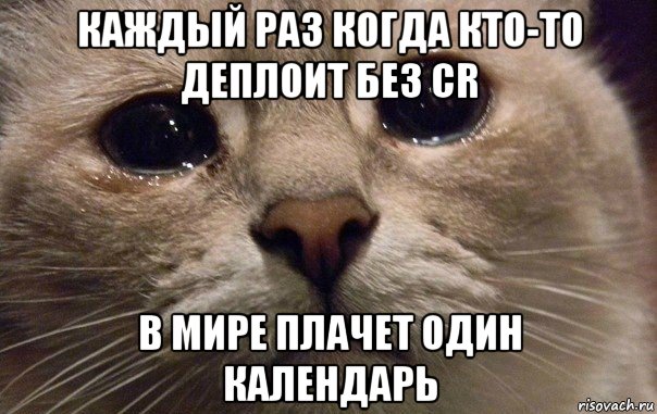 каждый раз когда кто-то деплоит без cr в мире плачет один календарь, Мем   В мире грустит один котик