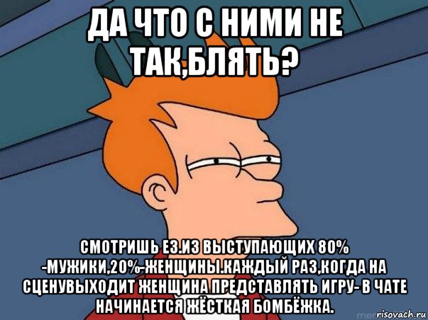 да что с ними не так,блять? смотришь е3.из выступающих 80% -мужики,20%-женщины.каждый раз,когда на сценувыходит женщина представлять игру- в чате начинается жёсткая бомбёжка., Мем  Фрай (мне кажется или)