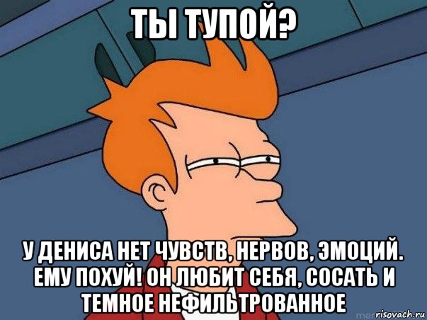 ты тупой? у дениса нет чувств, нервов, эмоций. ему похуй! он любит себя, сосать и темное нефильтрованное, Мем  Фрай (мне кажется или)