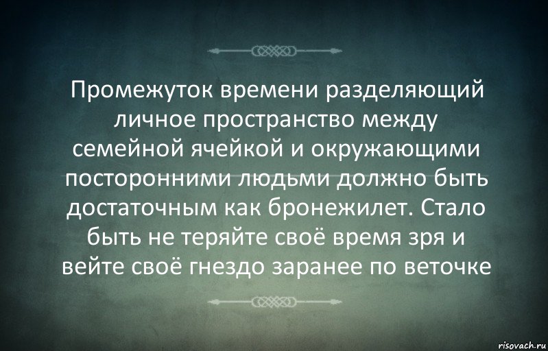 Промежуток времени разделяющий личное пространство между семейной ячейкой и окружающими посторонними людьми должно быть достаточным как бронежилет. Стало быть не теряйте своё время зря и вейте своё гнездо заранее по веточке, Комикс Игра слов 3