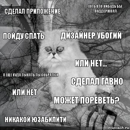 СДЕЛАЛ ПРИЛОЖЕНИЕ СДЕЛАЛ ГАВНО ДИЗАЙНЕР УБОГИЙ НИКАКОЙ ЮЗАБИЛИТИ А ЕЩЕ КУДА ТЫКАТЬ ТЫ СОБРАЛСЯ ХОТЬ КТО-НИБУДЬ БЫ ПОДДЕРЖКАЛ МОЖЕТ ПОРЕВЕТЬ? ПОЙДУ СПАТЬ ИЛИ НЕТ ИЛИ НЕТ..., Комикс  кот безысходность