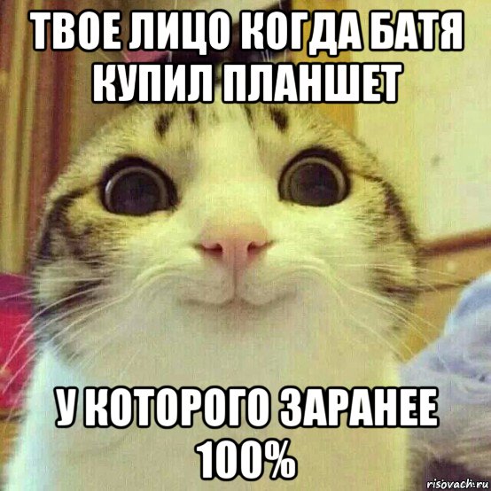 твое лицо когда батя купил планшет у которого заранее 100%, Мем       Котяка-улыбака