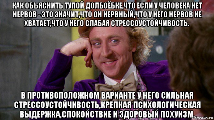 как объяснить тупой долбоёбке,что если у человека нет нервов - это значит,что он нервный,что у него нервов не хватает,что у него слабая стрессоустойчивость. в противоположном варианте у него сильная стрессоустойчивость,крепкая психологическая выдержка,спокойствие и здоровый похуизм., Мем Ну давай расскажи (Вилли Вонка)