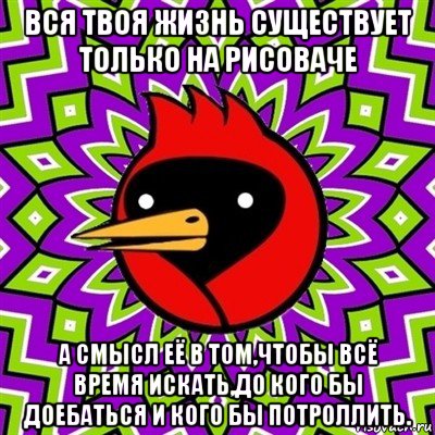 вся твоя жизнь существует только на рисоваче а смысл её в том,чтобы всё время искать,до кого бы доебаться и кого бы потроллить., Мем Омская птица