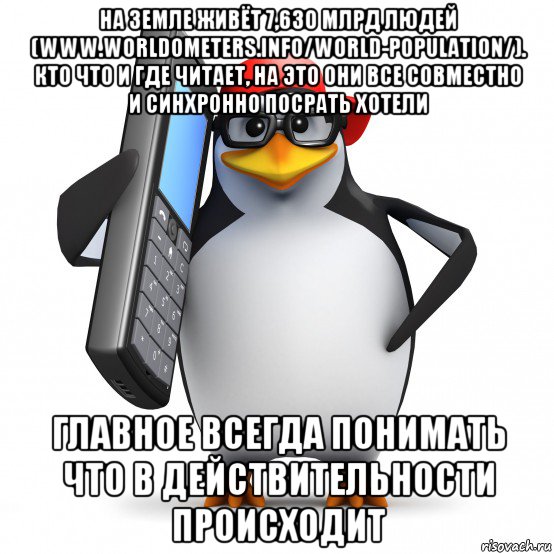 на земле живёт 7,630 млрд людей (www.worldometers.info/world-population/). кто что и где читает, на это они все совместно и синхронно посрать хотели главное всегда понимать что в действительности происходит, Мем   Пингвин звонит