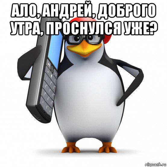 ало, андрей, доброго утра, проснулся уже? , Мем   Пингвин звонит