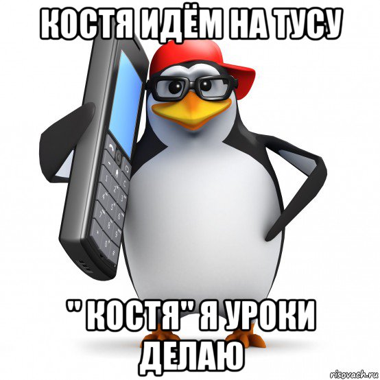 костя идём на тусу " костя" я уроки делаю, Мем   Пингвин звонит