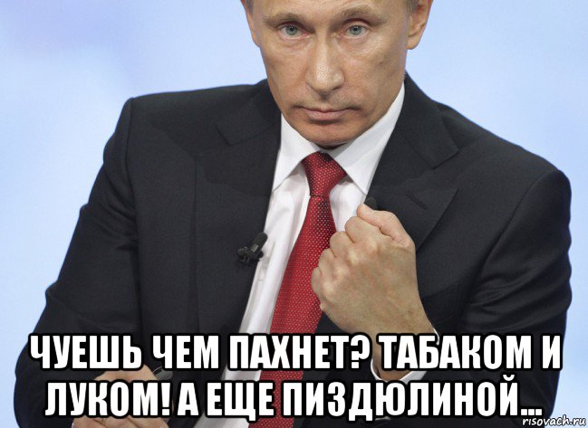  чуешь чем пахнет? табаком и луком! а еще пиздюлиной..., Мем Путин показывает кулак