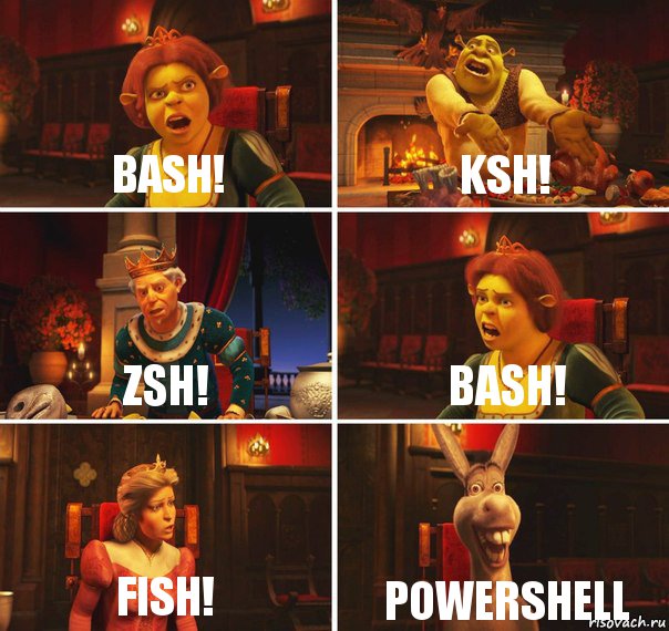 Bash! Ksh! Zsh! Bash! Fish! Powershell, Комикс  Шрек Фиона Гарольд Осел