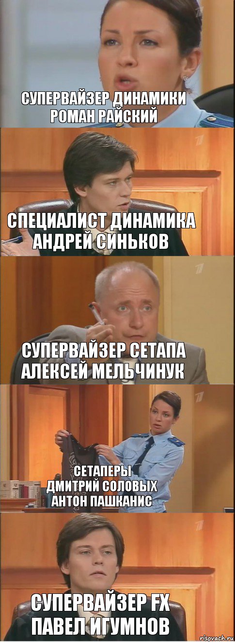 Супервайзер динамики
Роман Райский Специалист динамика
Андрей Синьков Супервайзер сетапа
Алексей Мельчинук Сетаперы
Дмитрий Соловых
Антон Пашканис Супервайзер FX
Павел Игумнов, Комикс Суд