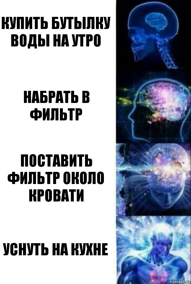 Купить бутылку воды на утро Набрать в фильтр Поставить фильтр около кровати Уснуть на кухне, Комикс  Сверхразум