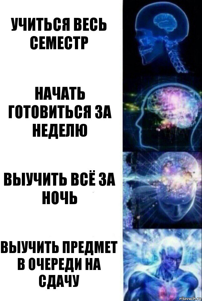 учиться весь семестр начать готовиться за неделю выучить всё за ночь выучить предмет в очереди на сдачу, Комикс  Сверхразум