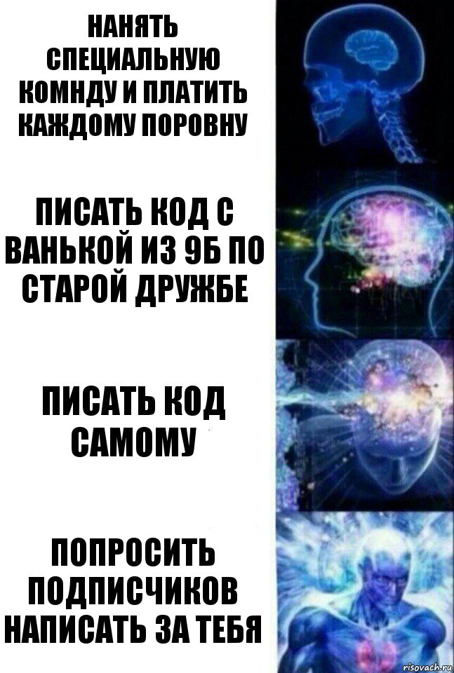 Нанять специальную комнду и платить каждому поровну Писать код с Ванькой из 9Б по старой дружбе Писать код самому Попросить подписчиков написать за тебя, Комикс  Сверхразум