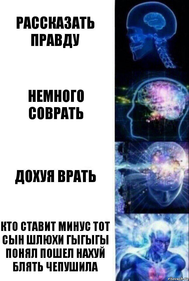 Рассказать правду Немного соврать Дохуя врать Кто ставит минус тот сын шлюхи Гыгыгы понял пошел нахуй блять чепушила, Комикс  Сверхразум