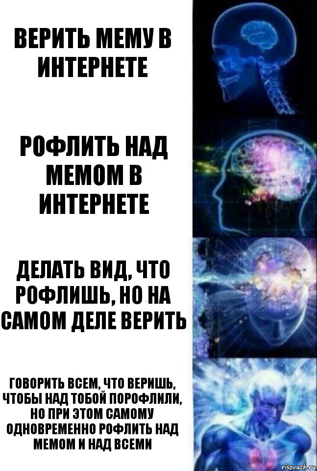 Верить мему в интернете Рофлить над мемом в интернете делать вид, что рофлишь, но на самом деле верить Говорить всем, что веришь, чтобы над тобой порофлили, но при этом самому одновременно рофлить над мемом и над всеми, Комикс  Сверхразум