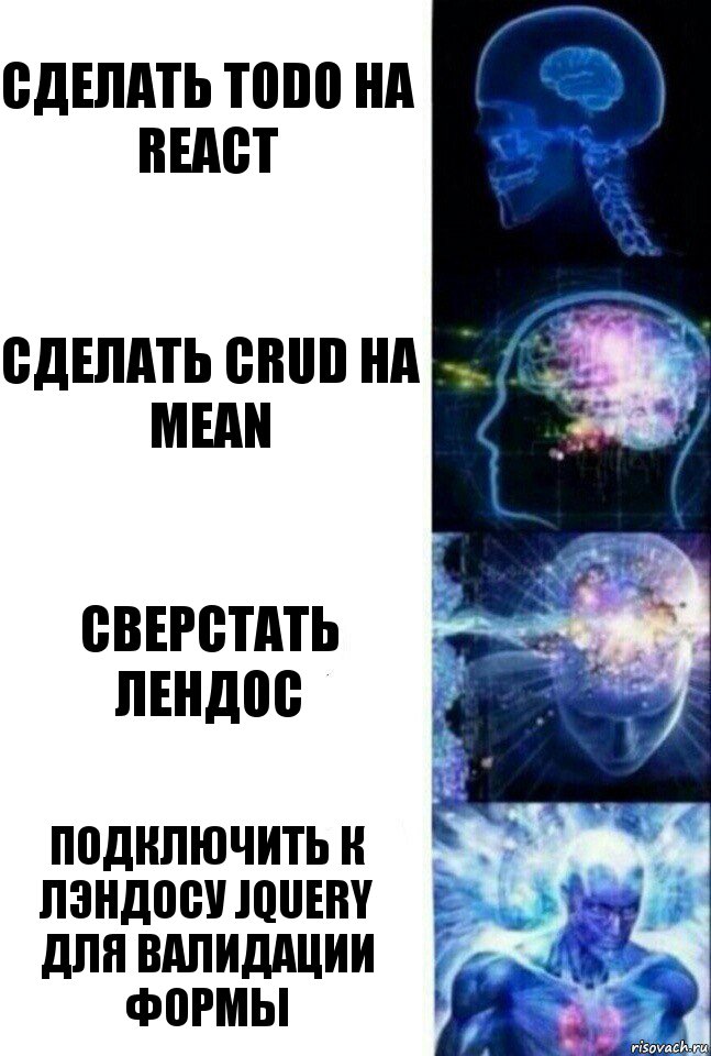 Сделать todo на react Сделать crud на MEAN Сверстать лендос Подключить к лэндосу jQuery для валидации формы, Комикс  Сверхразум