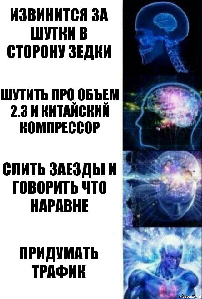 Извинится за шутки в сторону зедки Шутить про объем 2.3 и китайский компрессор Слить заезды и говорить что наравне Придумать трафик, Комикс  Сверхразум