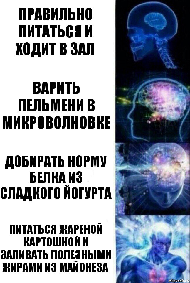 Правильно питаться и ходит в зал Варить пельмени в микроволновке Добирать норму белка из сладкого йогурта Питаться жареной картошкой и заливать полезными жирами из майонеза, Комикс  Сверхразум