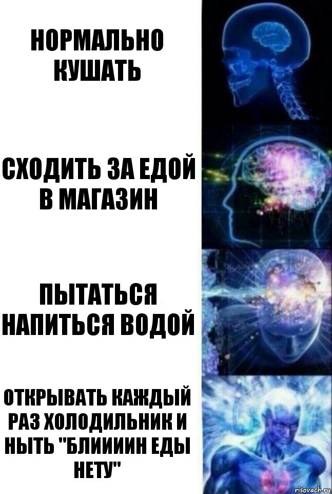 Нормально кушать Сходить за едой в магазин Пытаться напиться водой Открывать каждый раз холодильник и ныть "блиииин еды нету", Комикс  Сверхразум