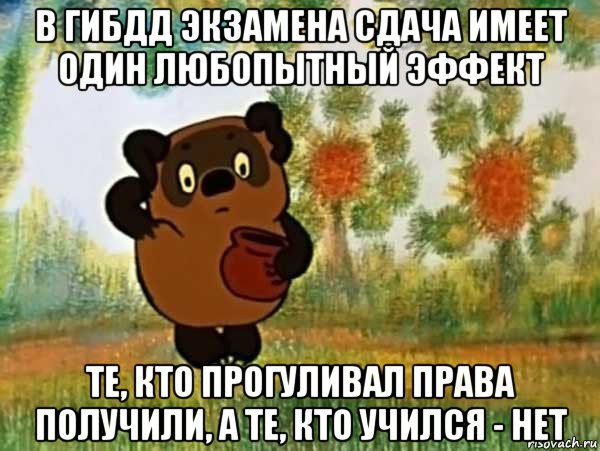 в гибдд экзамена сдача имеет один любопытный эффект те, кто прогуливал права получили, а те, кто учился - нет, Мем Винни пух чешет затылок