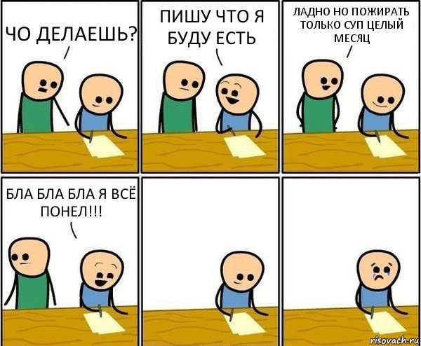 ЧО ДЕЛАЕШЬ? ПИШУ ЧТО Я БУДУ ЕСТЬ ЛАДНО НО ПОЖИРАТЬ ТОЛЬКО СУП ЦЕЛЫЙ МЕСЯЦ БЛА БЛА БЛА Я ВСЁ ПОНЕЛ!!!