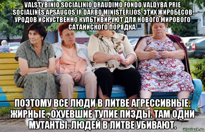 valstybinio socialinio draudimo fondo valdyba prie socialinės apsaugos ir darbo ministerijos. этих жиробесов уродов искуственно культивируют для нового мирового сатаниского порядка. поэтому все люди в литве агрессивные. жирные . охуевшие тупие пизды. там одни мутанты. людей в литве убивают., Мем Бабушки на скамейке