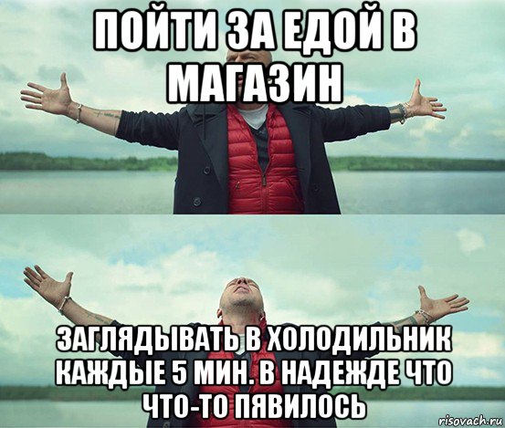 пойти за едой в магазин заглядывать в холодильник каждые 5 мин. в надежде что что-то пявилось