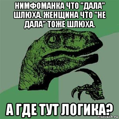 нимфоманка что "дала" шлюха. женщина что "не дала" тоже шлюха. а где тут логика?, Мем Филосораптор