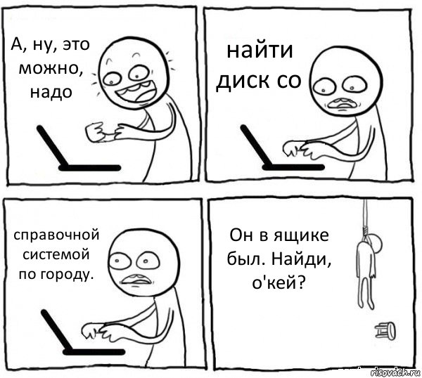 А, ну, это можно, надо найти диск со справочной системой по городу. Он в ящике был. Найди, о'кей?, Комикс интернет убивает