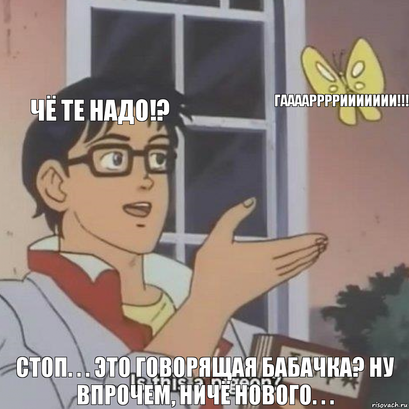 ЧЁ ТЕ НАДО!? ГААААРРРРИИИИИИИ!!! Стоп. . . Это говорящая бабачка? Ну впрочем, ничё нового. . .