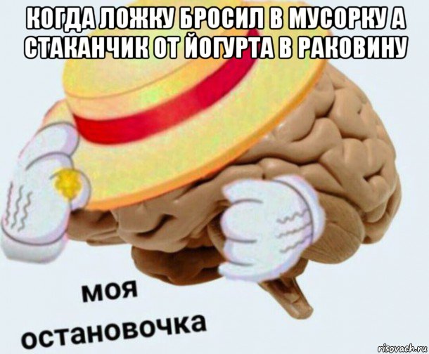 когда ложку бросил в мусорку а стаканчик от йогурта в раковину , Мем   Моя остановочка мозг