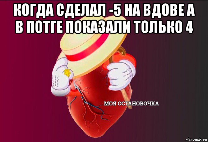 когда сделал -5 на вдове а в потге показали только 4 , Мем   Моя остановочка