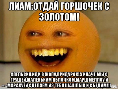 лиам:отдай горшочек с золотом! апельсин:иди в жопу,придурок!а иначе мы с грушей,маленьким яблочком,маршмеллоу и маракуей сделаем из тебя шашлык и съедим!!!, Мем Надоедливый апельсин