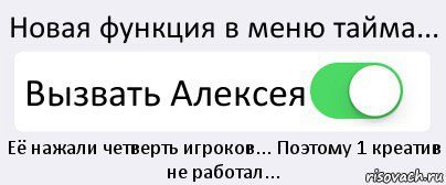 Новая функция в меню тайма... Вызвать Алексея Её нажали четверть игроков... Поэтому 1 креатив не работал..., Комикс Переключатель