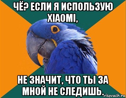 чё? если я использую xiaomi, не значит, что ты за мной не следишь., Мем Попугай параноик