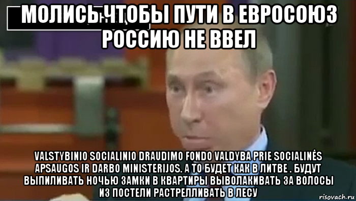 молись чтобы пути в евросоюз россию не ввел valstybinio socialinio draudimo fondo valdyba prie socialinės apsaugos ir darbo ministerijos. а то будет как в литве . будут выпиливать ночью замки в квартиры выволакивать за волосы из постели растрелливать в лесу, Мем Пуйло 2016