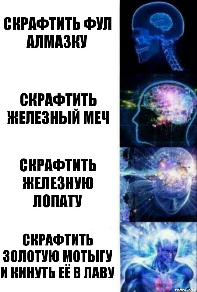 скрафтить фул алмазку скрафтить железный меч скрафтить железную лопату скрафтить золотую мотыгу и кинуть её в лаву