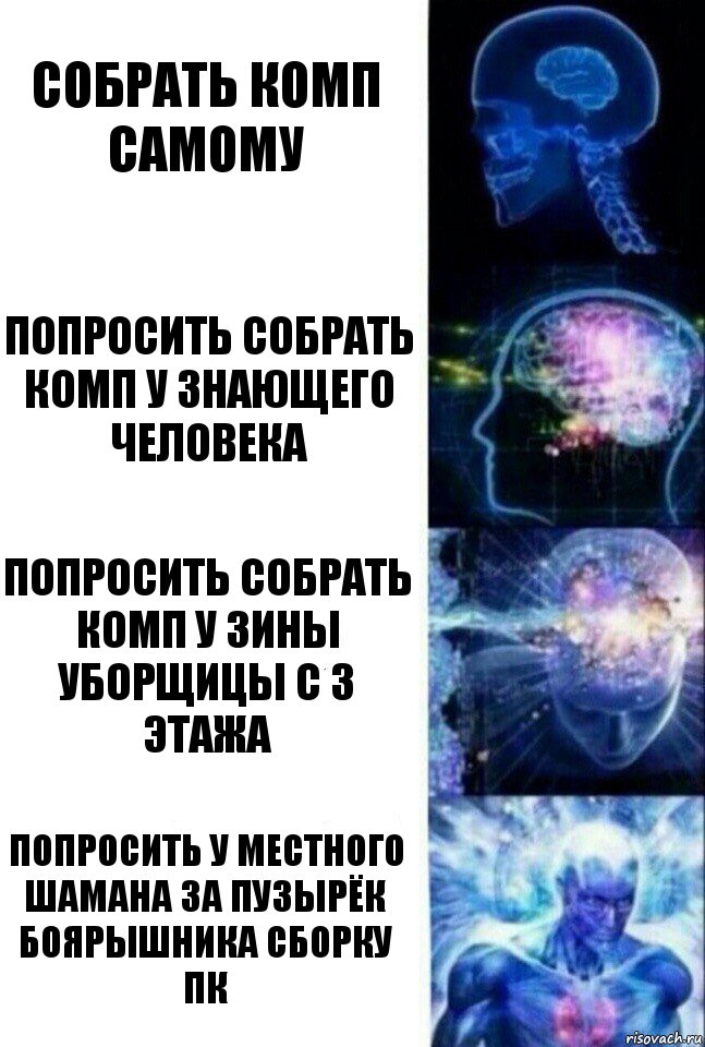 Собрать комп самому Попросить собрать комп у знающего человека Попросить собрать комп у Зины уборщицы с 3 этажа Попросить у местного шамана за пузырёк боярышника сборку Пк