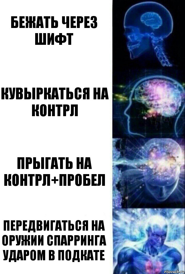 Бежать через шифт Кувыркаться на контрл Прыгать на контрл+пробел Передвигаться на оружии спарринга ударом в подкате, Комикс  Сверхразум