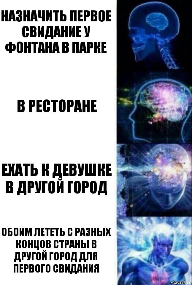 Назначить первое свидание у фонтана в парке В ресторане Ехать к девушке в другой город Обоим лететь с разных концов страны в другой город для первого свидания, Комикс  Сверхразум