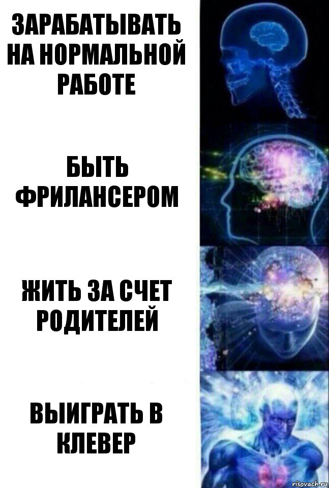 Зарабатывать на нормальной работе Быть фрилансером Жить за счет родителей Выиграть в Клевер, Комикс  Сверхразум