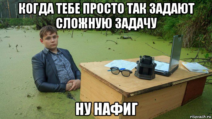 когда тебе просто так задают сложную задачу ну нафиг, Мем  Парень сидит в болоте