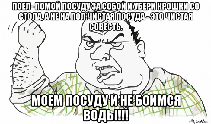 поел- помой посуду за собой и убери крошки со стола, а не на пол.чистая посуда - это чистая совесть. моем посуду и не боимся воды!!!, Мем Будь мужиком