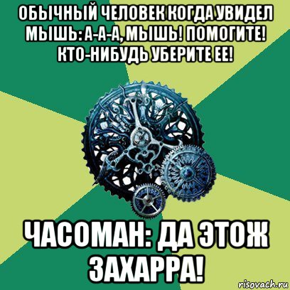 обычный человек когда увидел мышь: а-а-а, мышь! помогите! кто-нибудь уберите ее! часоман: да этож захарра!