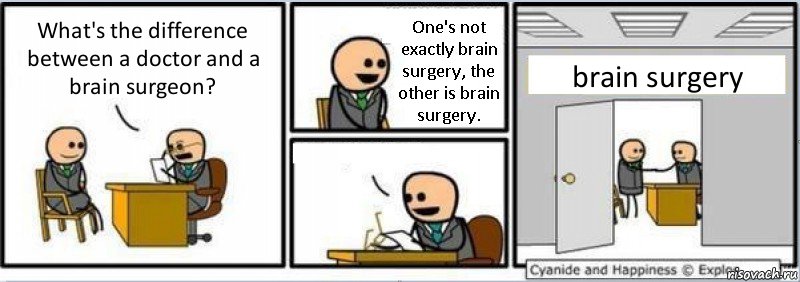 What's the difference between a doctor and a brain surgeon? One's not exactly brain surgery, the other is brain surgery.  brain surgery, Комикс Собеседование на работу