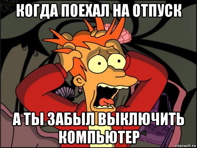 когда поехал на отпуск а ты забыл выключить компьютер, Мем Фрай в панике