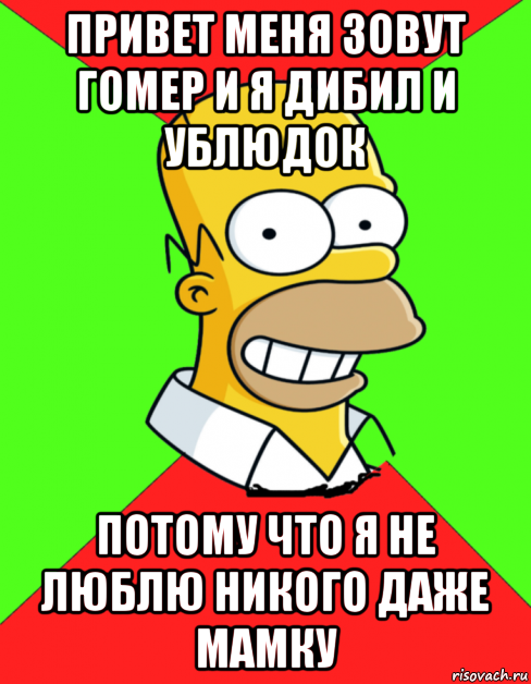 привет меня зовут гомер и я дибил и ублюдок потому что я не люблю никого даже мамку, Мем  Гомер