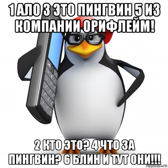 1 ало 3 это пингвин 5 из компании орифлейм! 2 кто это? 4 что за пингвин? 6 блин и тут они!!!, Мем   Пингвин звонит