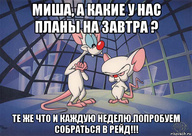 миша, а какие у нас планы на завтра ? те же что и каждую неделю.попробуем собраться в рейд!!!