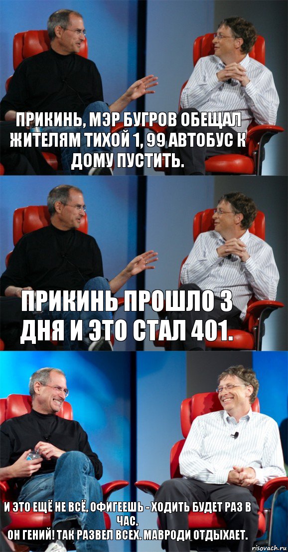 Прикинь, мэр Бугров обещал жителям Тихой 1, 99 автобус к дому пустить. Прикинь прошло 3 дня и это стал 401. И это ещё не всё, офигеешь - ходить будет раз в час.
Он гений! Так развел всех. Мавроди отдыхает.